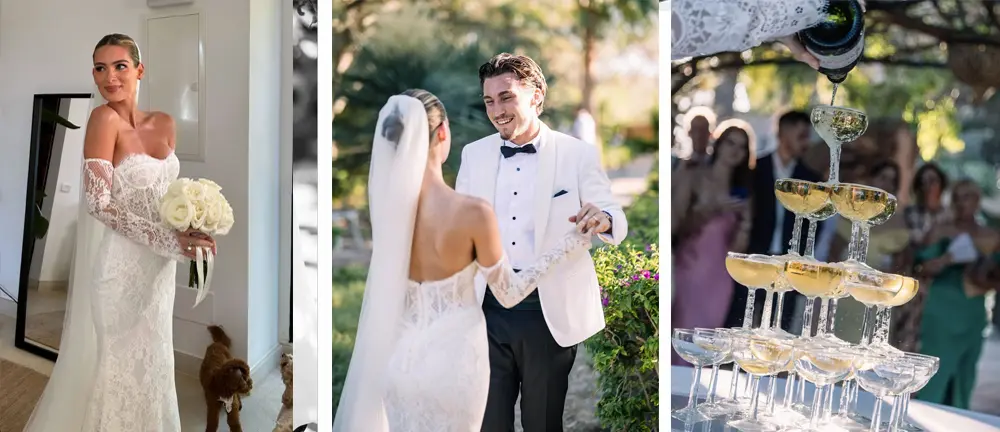 Braut mit Hund Champagnerturm und Brautpaar Rocco Reitz und Laura Reitz bei Hochzeit auf Mallorca
